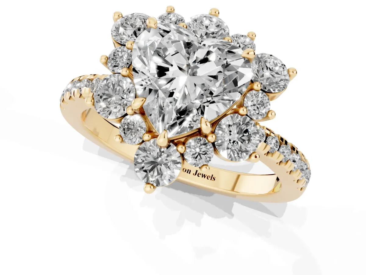 Heart Cut Diamond Floral Halo Ring with Round Pavé Band and Prong Setting Yellow gold