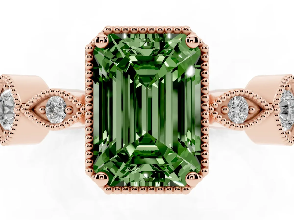Fancy Green Emerald Cut Diamond Vintage Milgrain Ring with Round Stations Rose gold