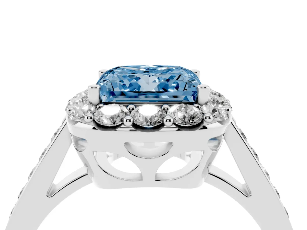 Fancy Blue Princess Cut Diamond Floral Halo Ring with Pavé Band and Prong Setting Silver