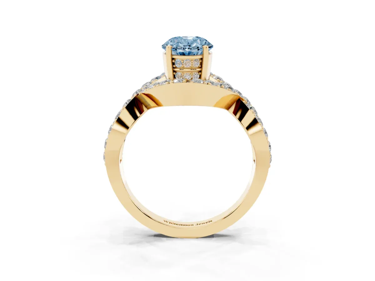 Fancy Blue Oval Cut Solitaire Twist Band Pavé Diamond Engagement Ring Yellow gold