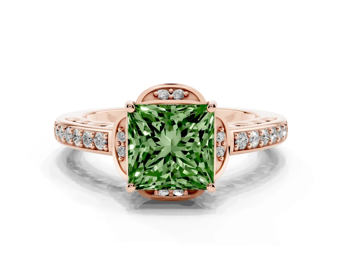 Fancy Green Princess Cut Cut Halo Diamond Ring with Channel Set Band and Four-Prong Setting Rose gold