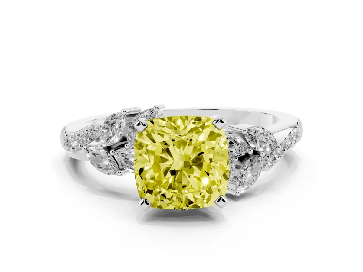 Fancy Yellow Cushion Cut Solitaire Marquise Twist Band with Six-Prong Setting Silver