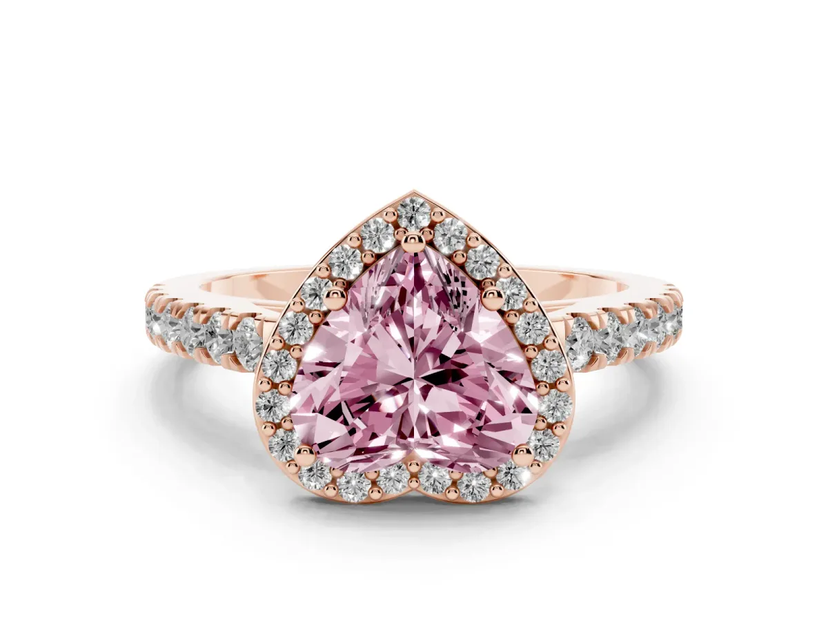 Fancy Pink Heart Cut Cut Halo Diamond Engagement Ring with Pave Band and Four-Prong Setting Rose gold