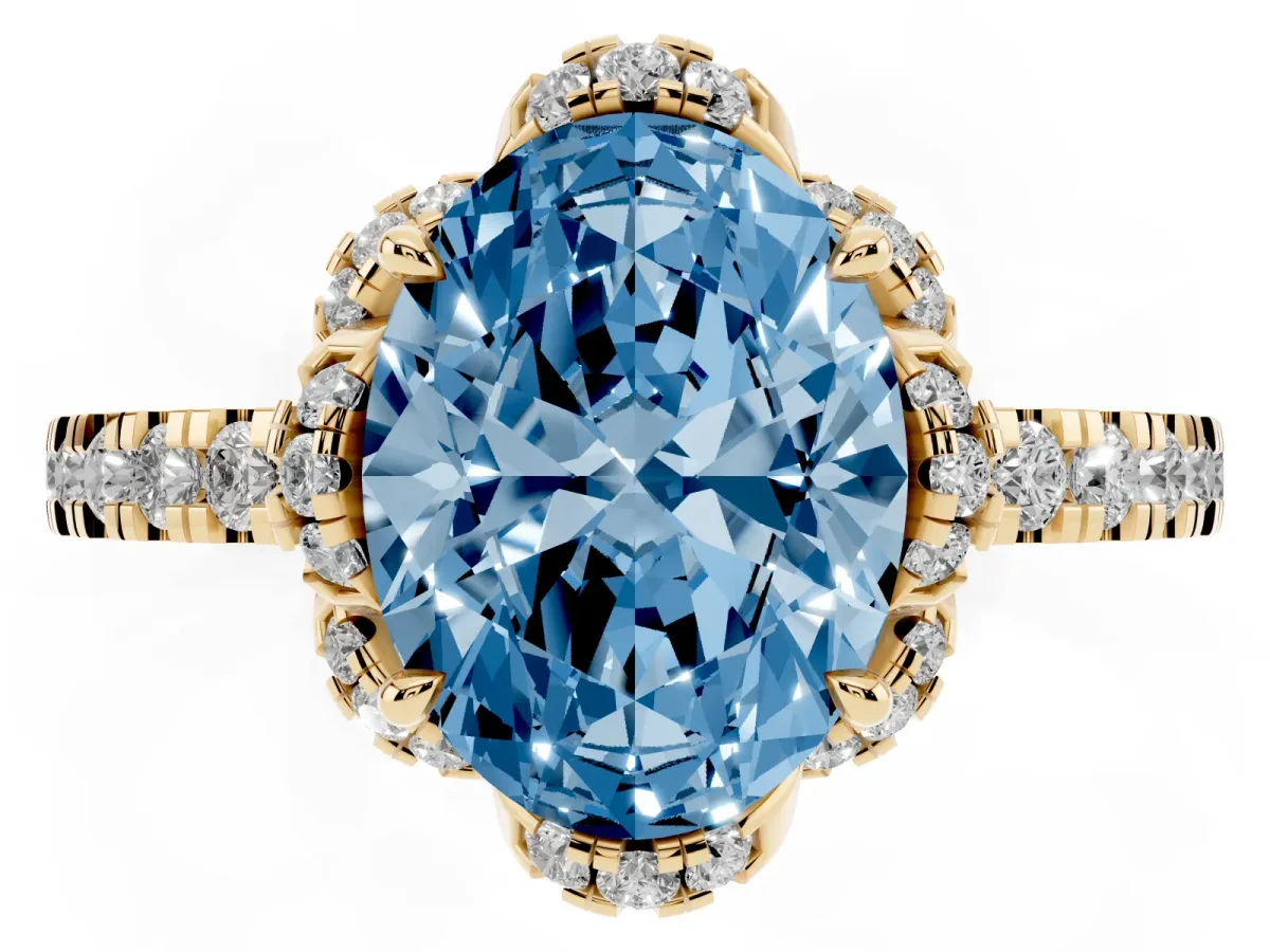 Fancy Blue Oval Cut Diamond Halo Pave Band with Four-Prong Setting Yellow gold