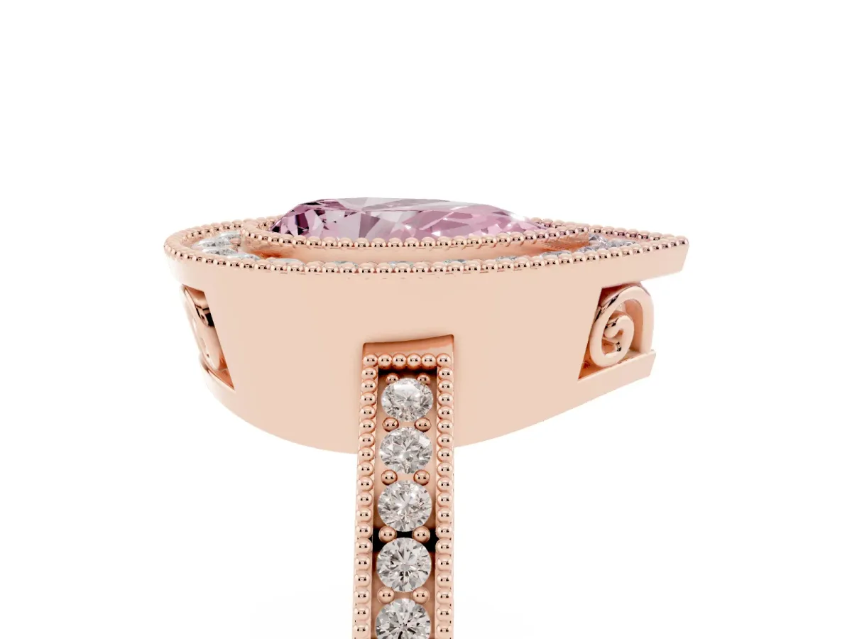 Fancy Pink Pear Cut Cut Halo Diamond Ring with Pavé Band and Milgrain Prong Setting Rose gold