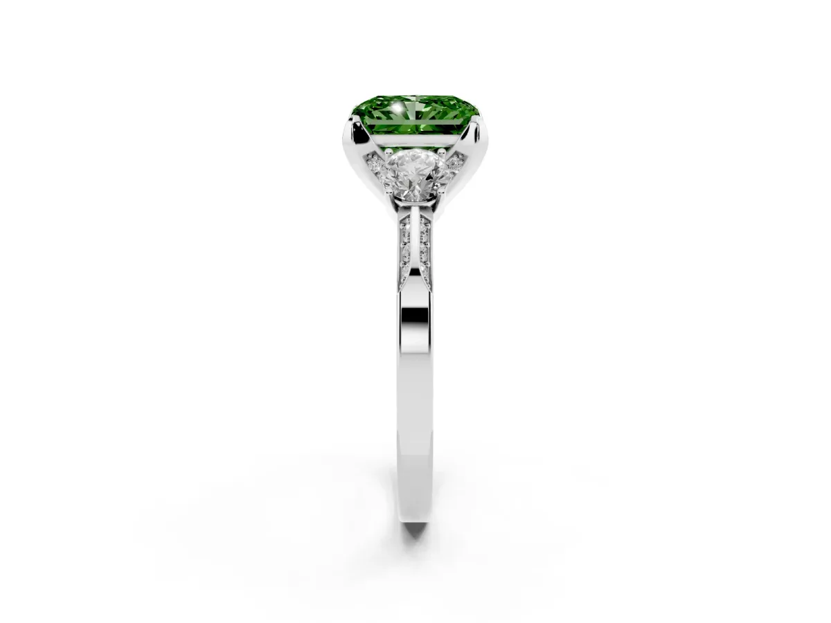 Fancy Green Radiant Cut Brilliant Three-Stone Diamond Ring with Pavé Band and Four-Prong Setting White gold