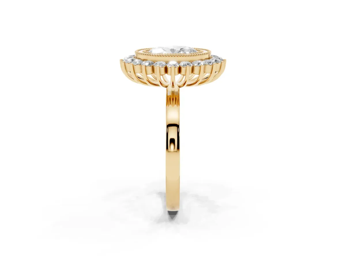 Oval Cut Halo Diamond Ring with Milgrain Edge and Round Prong Setting Yellow gold