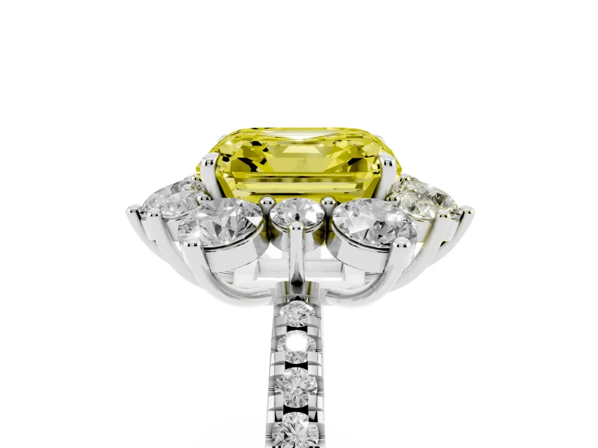 Fancy Yellow Asscher Cut Diamond Floral Halo Ring with Round Pavé Band and Prong Setting White gold