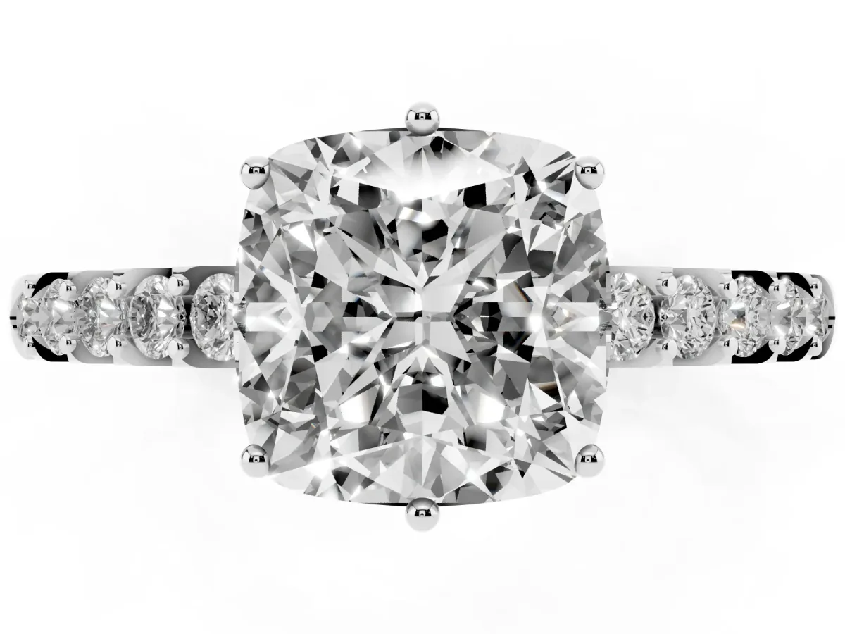 Cushion Cut Solitaire Diamond Engagement Ring with Pavé Band and Six-Prong Setting Silver