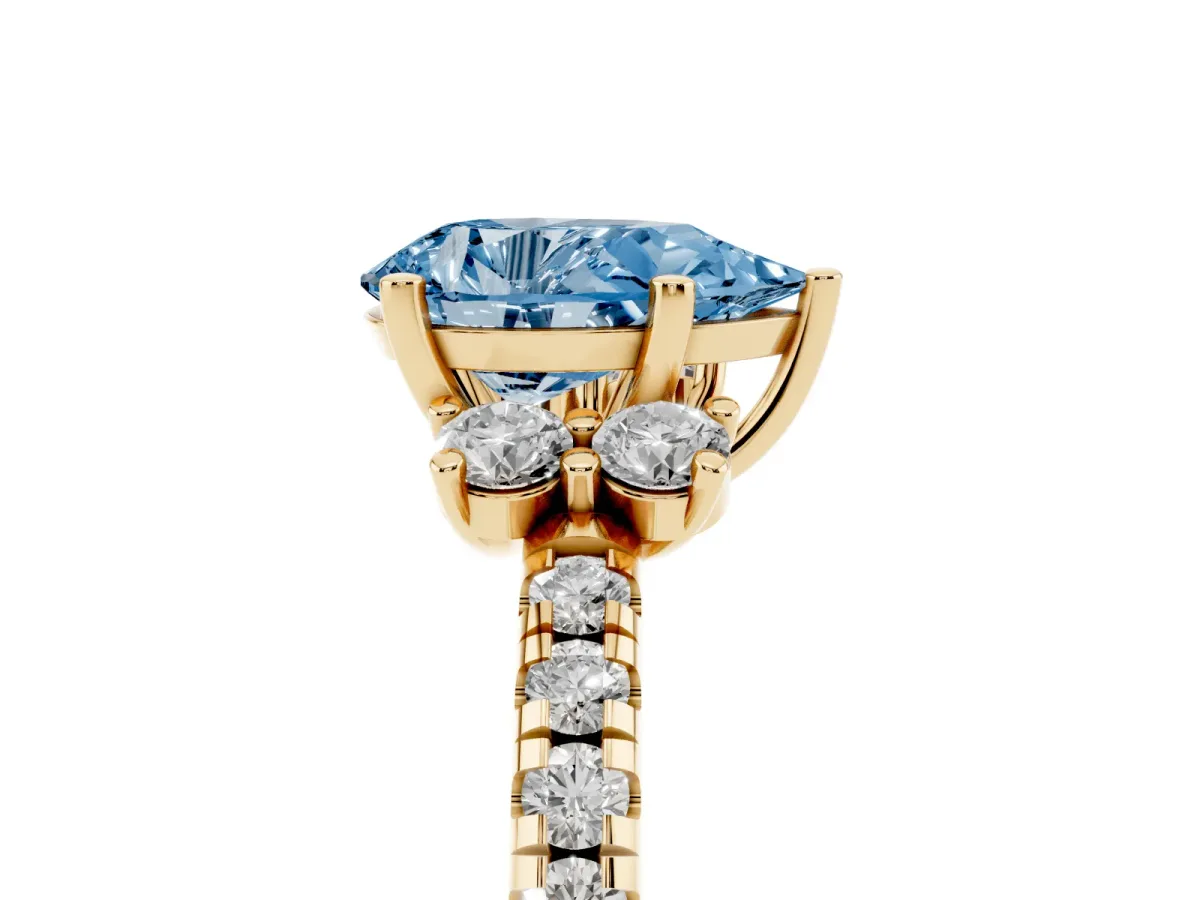 Fancy Blue Pear Cut Diamond Three-Stone Pave Band with Four-Prong Setting Yellow gold