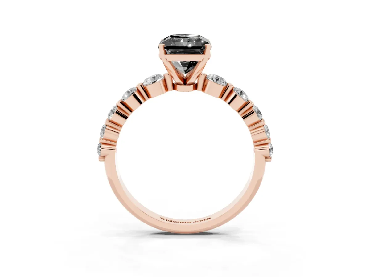 Fancy Black Radiant Cut Solitaire Diamond Ring with Pave Band and Four-Prong Setting Rose gold