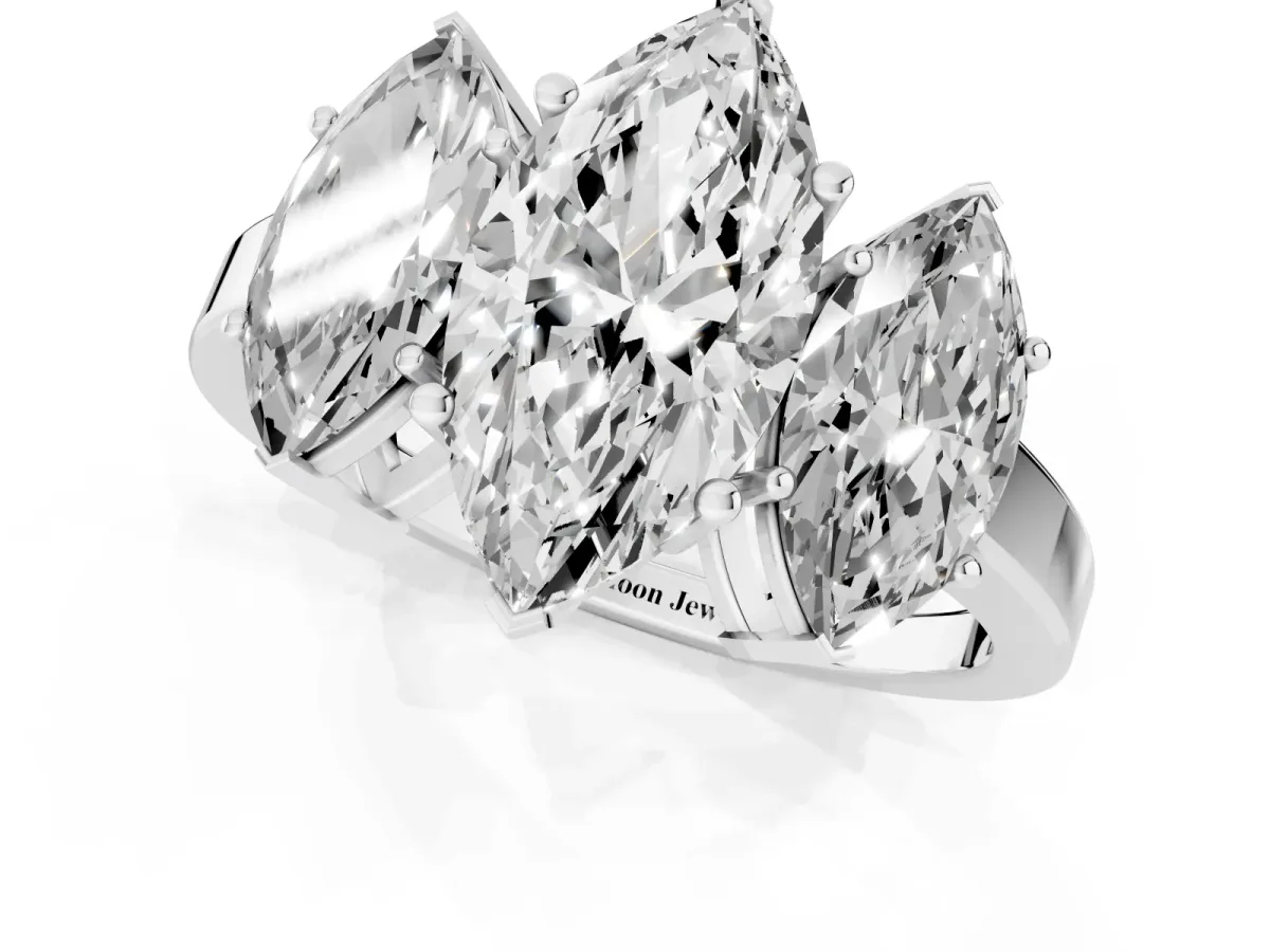 Three-Stone Marquise Cut Cut Diamond Engagement Ring with Flat Band and Four-Prong Setting Silver