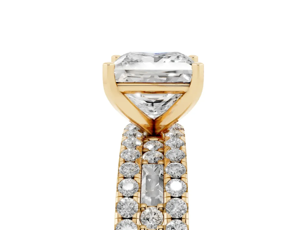Princess Cut Diamond Solitaire Ring with Pavé and Channel Set Band Yellow gold