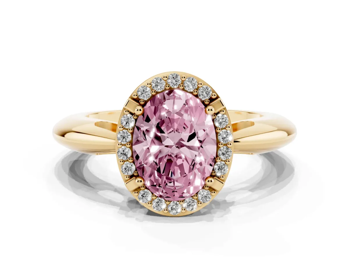 Fancy Pink Oval Cut Cut Diamond Halo Engagement Ring with Split Shank and Four-Prong Setting Yellow gold