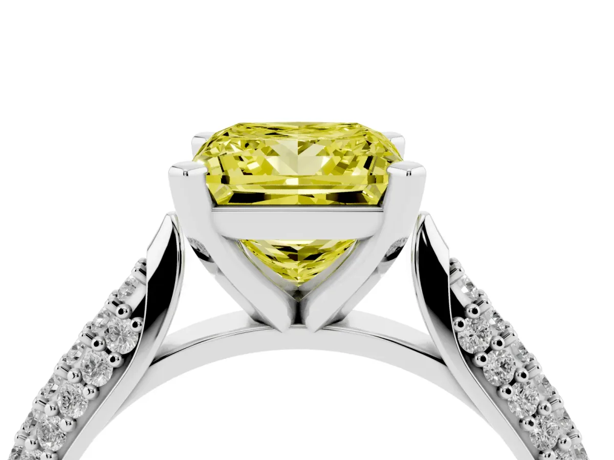 Fancy Yellow Princess Cut Diamond Solitaire Engagement Ring with Multi-Row Round Pavé Band and Prong Setting White gold