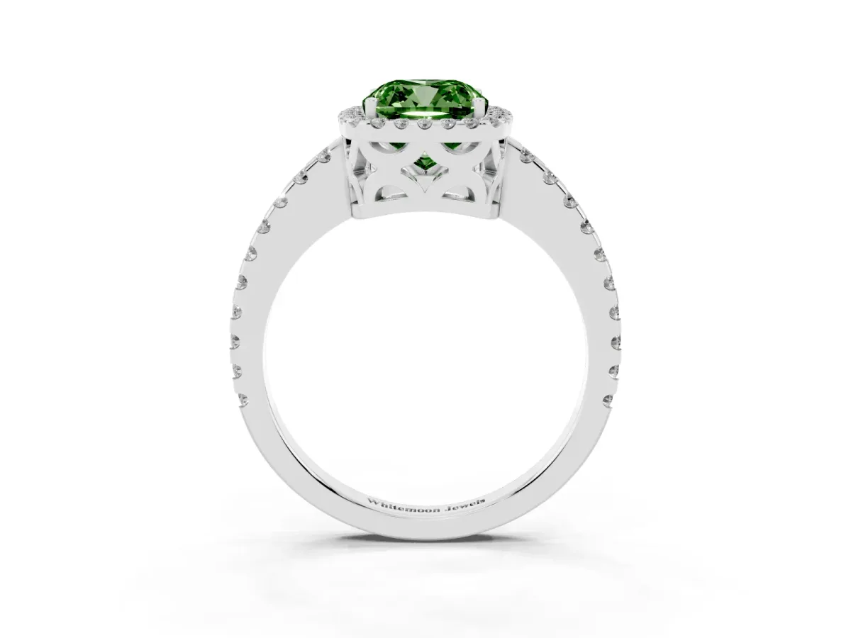 Fancy Green Cushion Cut Diamond Halo Engagement Ring with Pavé Band and Prong Setting Silver