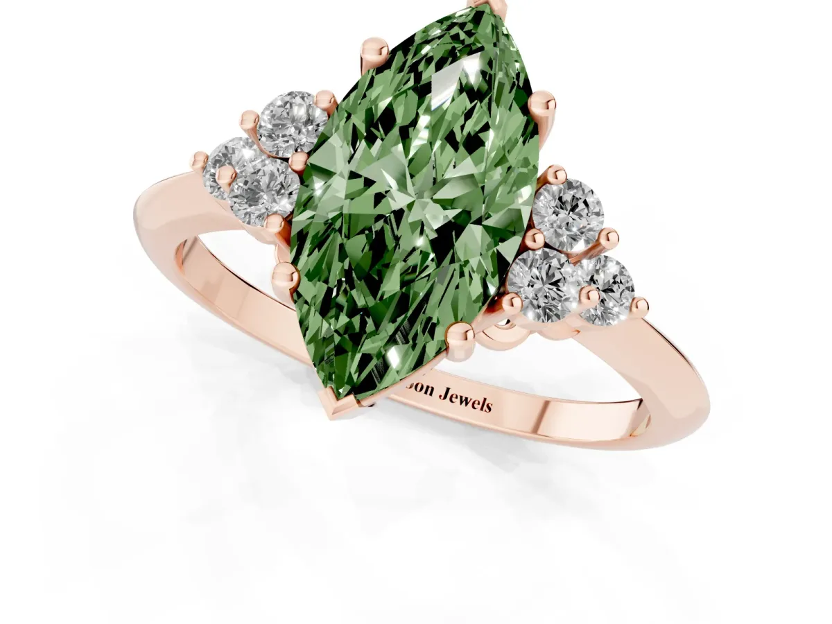 Fancy Green Marquise Cut Cut Diamond Cluster Ring with Solitaire Band and Four-Prong Setting Rose gold