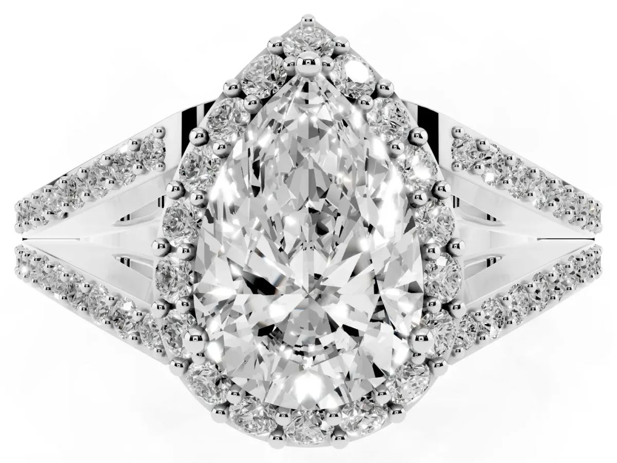 Pear Cut Halo Split Shank Diamond Ring with Prong Setting Platinum