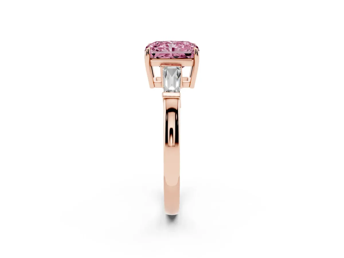 Fancy Pink Radiant Cut Diamond Three-Stone Ring with Tapered Baguette Side Stones and Prong Setting Rose gold