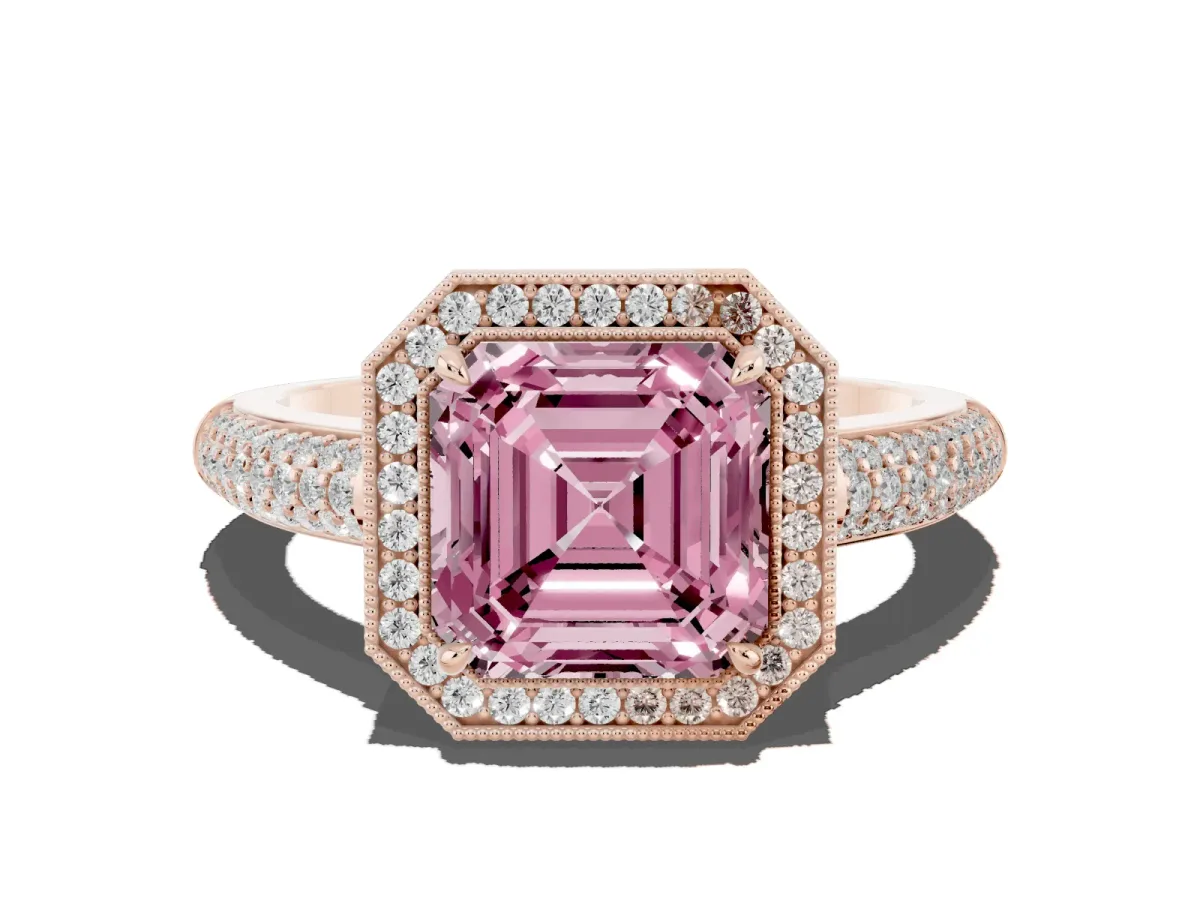 Fancy Pink Asscher Cut Cut Halo Diamond Pave Band with Four-Prong Setting Rose gold