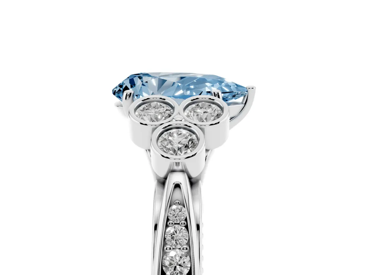 Fancy Blue Pear Cut Cut Diamond Engagement Ring with Bezel Set Round Side Stones and Prong Setting Silver