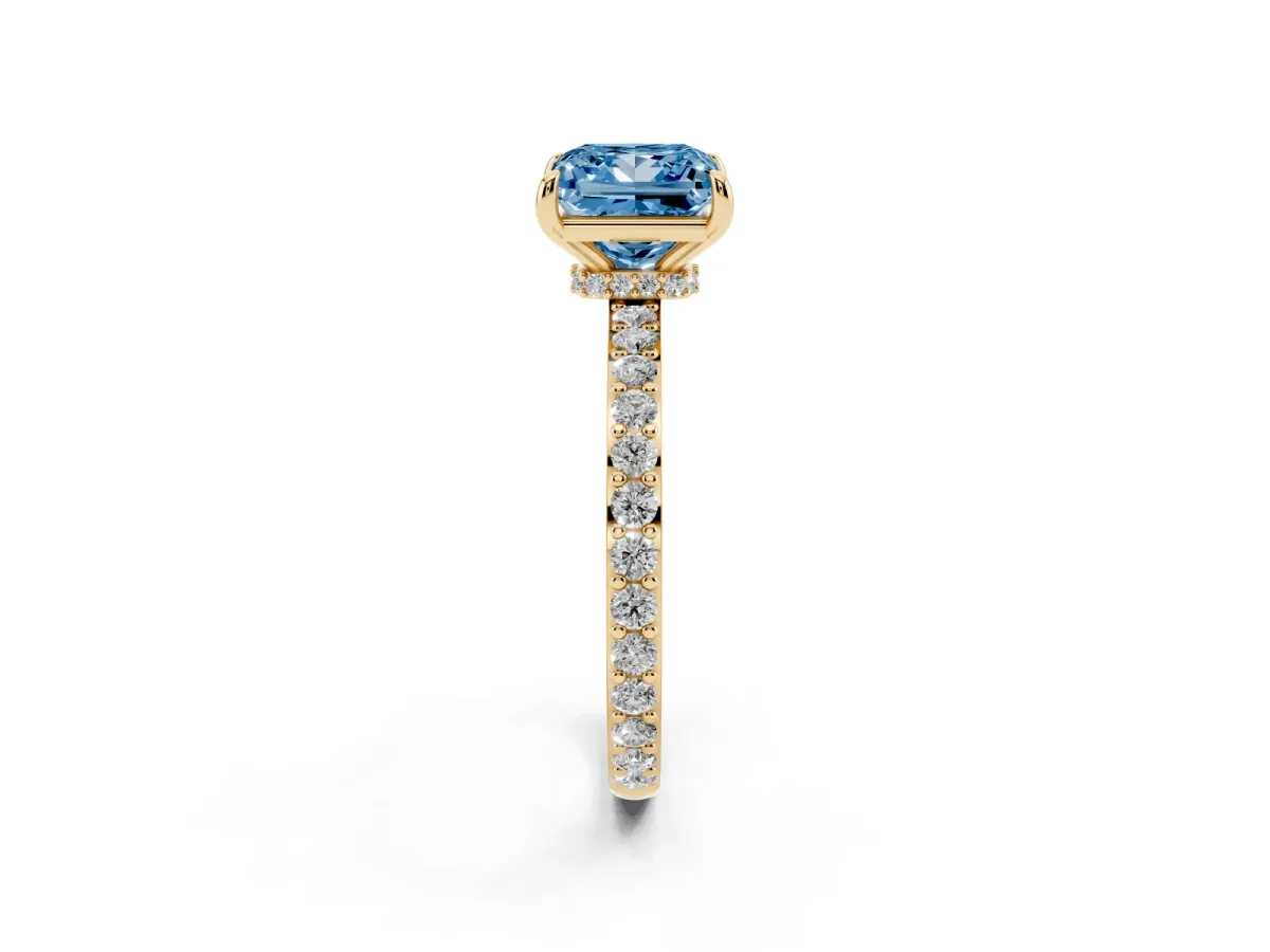 Fancy Blue Princess Cut Diamond Pavé Engagement Ring with Round Accents and Prong Setting Yellow gold