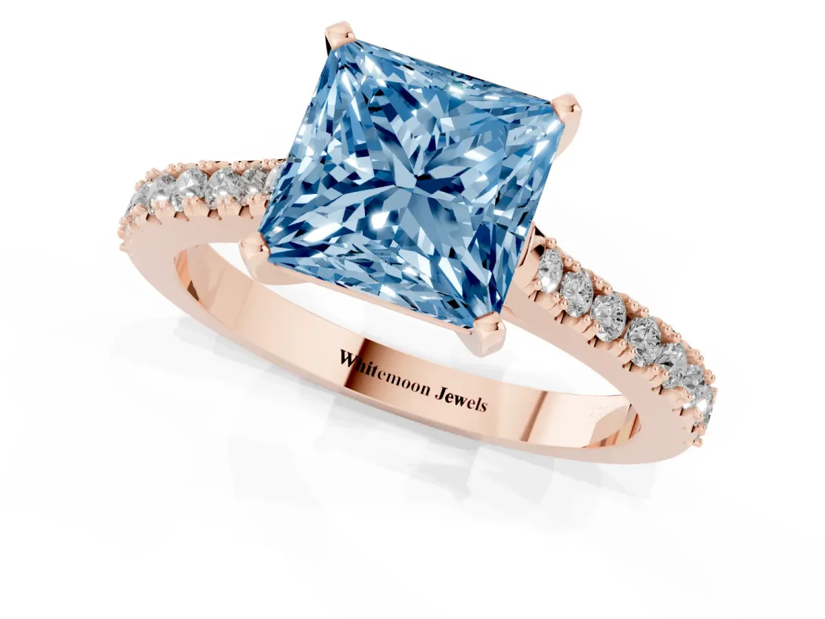 Fancy Blue Princess Cut Cut Solitaire Diamond Engagement Ring with Pave Band and Four-Prong Setting Rose gold