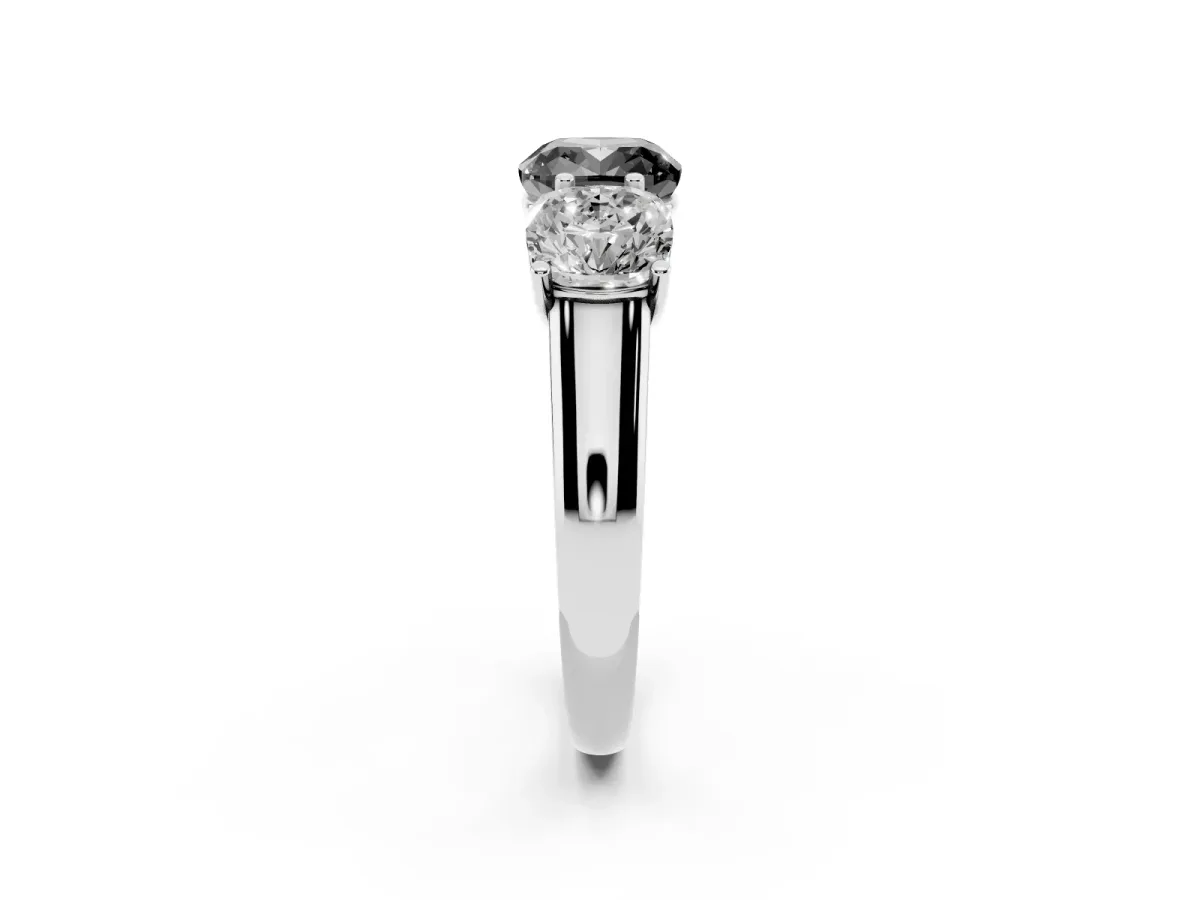 Fancy Black Cushion Cut Three-Stone Diamond Ring with Prong Setting on a Classic Band Platinum
