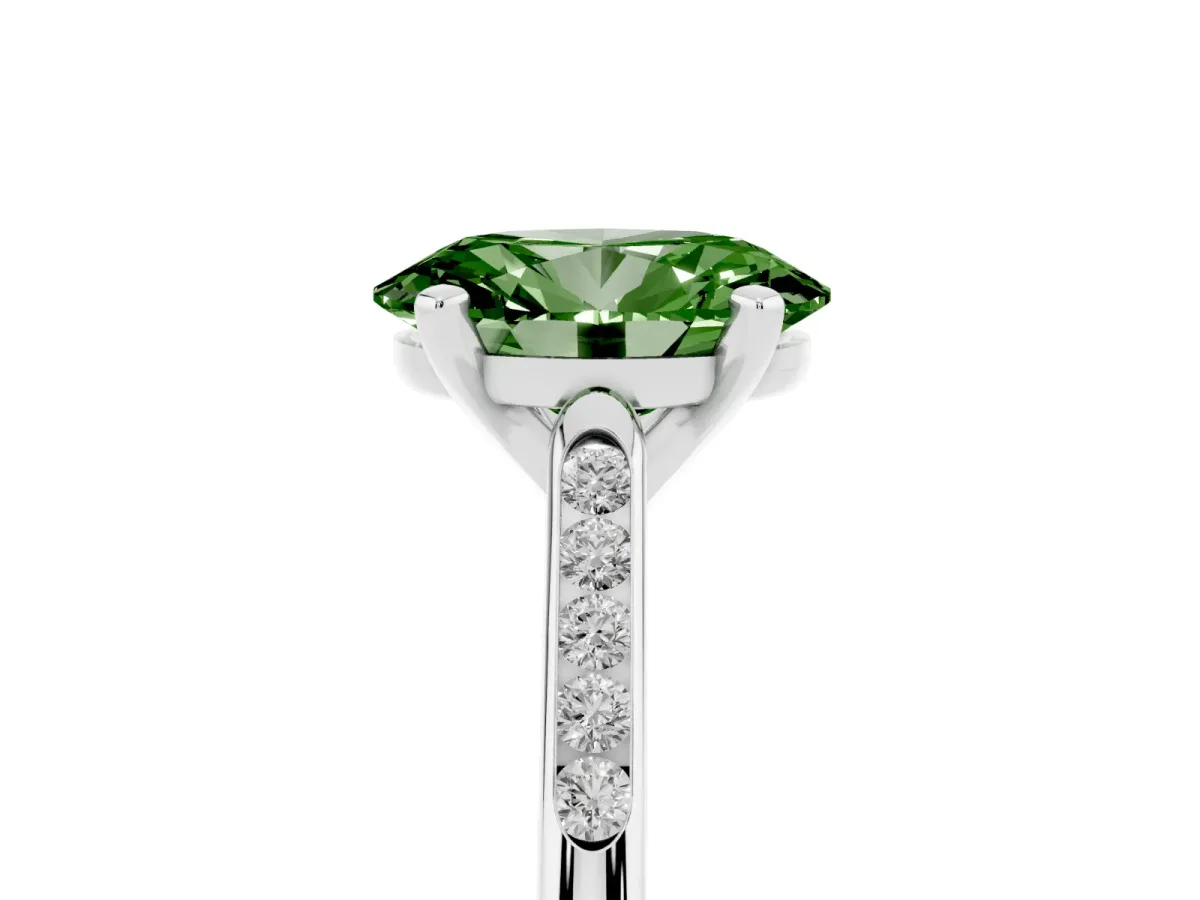 Fancy Green Oval Cut Diamond Solitaire Ring with Channel Set Round Band and Prong Setting Silver