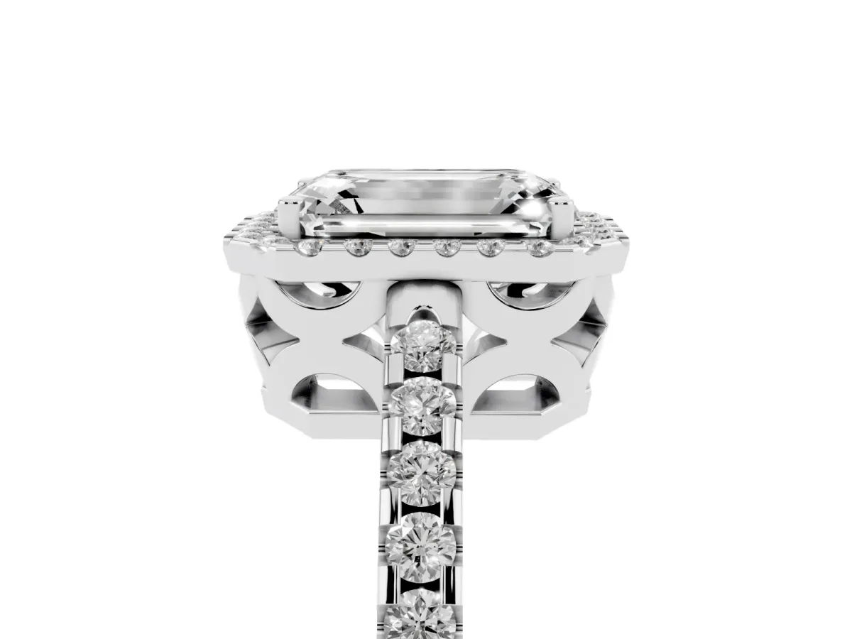Emerald Cut Diamond Halo Engagement Ring with Pavé Band and Prong Setting Silver