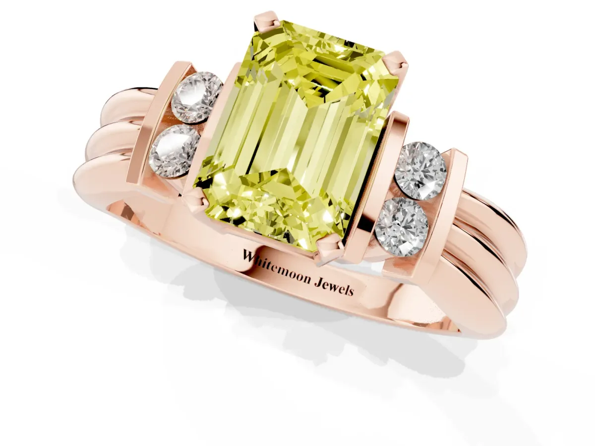 Fancy Yellow Emerald Cut Cut Three-Stone Channel Set Ring with Bar Prongs Rose gold