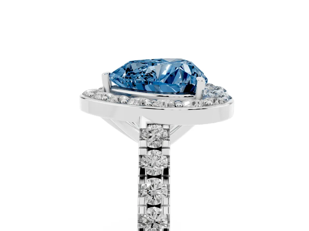 Fancy Blue Heart Cut Diamond Halo Ring with Round Pavé Split Shank and Prong Setting Silver