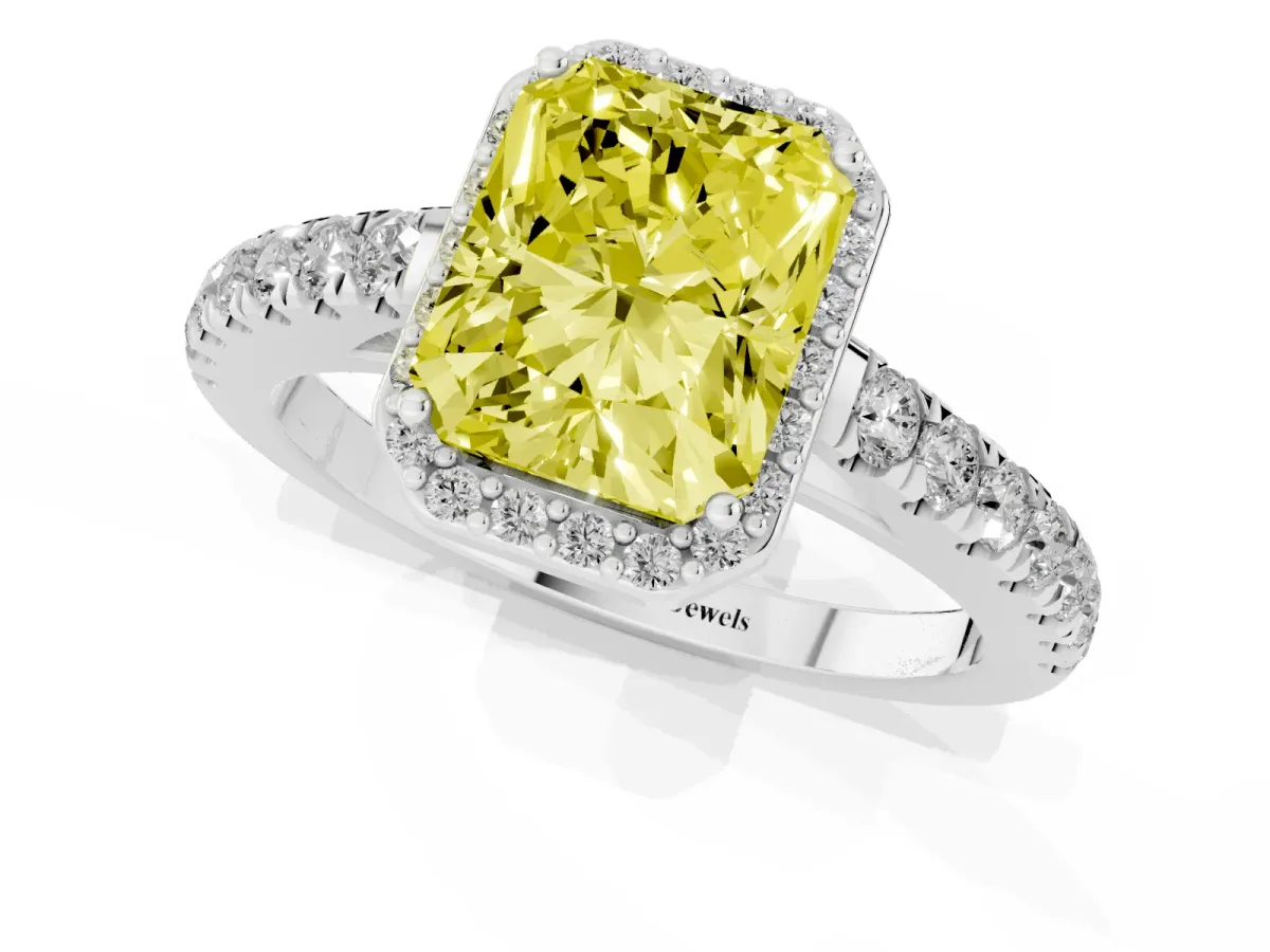 Fancy Yellow Radiant Cut Cut Halo Diamond Engagement Ring with Pave Band and Four-Prong Setting Platinum