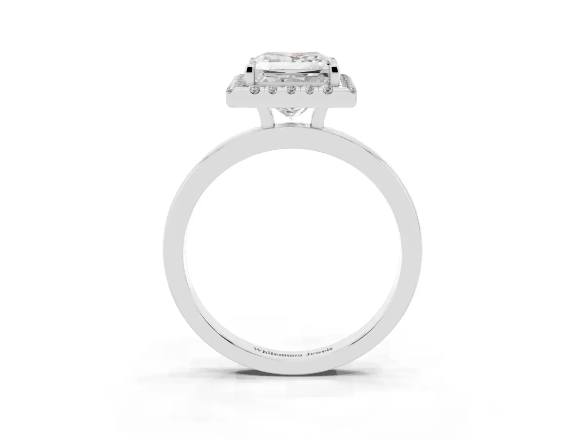 Princess Cut Halo Diamond Solitaire with Pavé Band and Four-Prong Setting Platinum