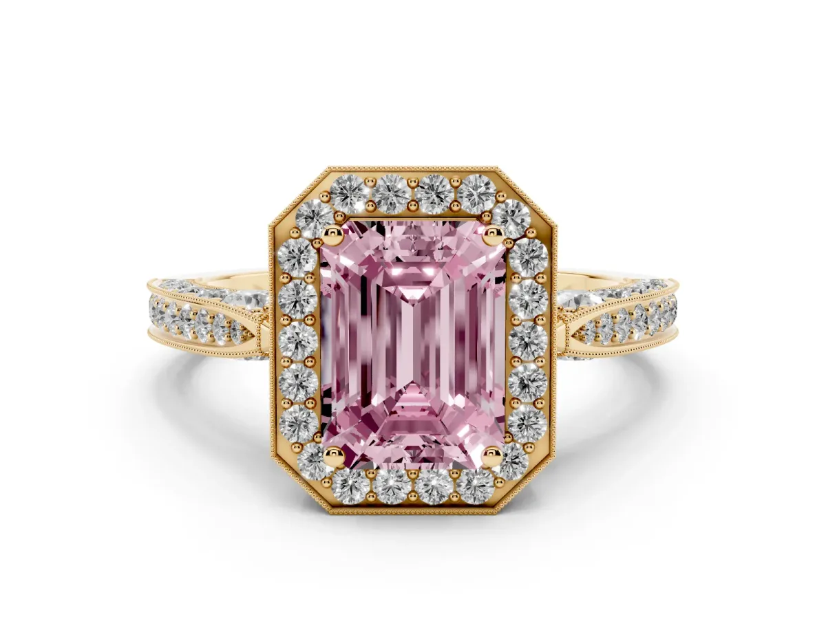 Fancy Pink Emerald Cut Halo Diamond Engagement Ring with Split Shank Band and Four-Prong Setting Yellow gold