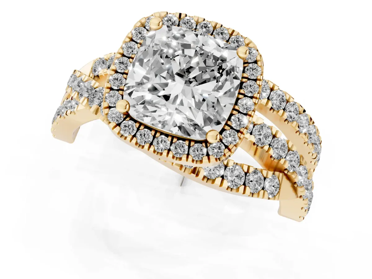 Cushion Cut Diamond Halo Ring with Round Split Shank and Prong Setting Yellow gold