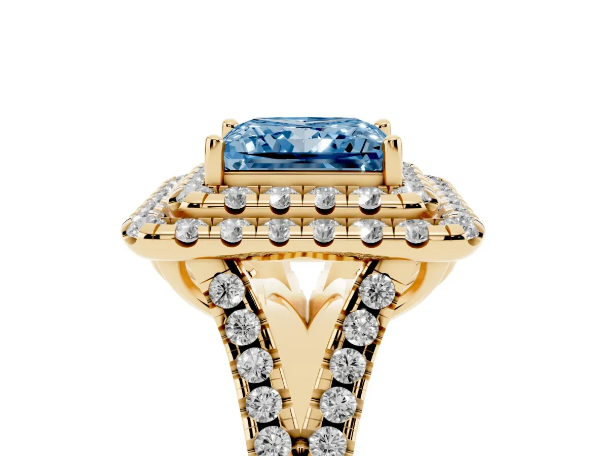 Fancy Blue Double Halo Princess Cut Diamond Pavé Split Shank Ring with Prong Setting Yellow gold