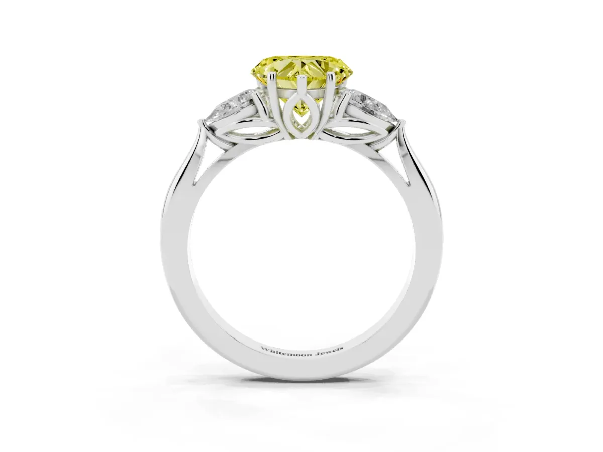 Fancy Yellow Heart Cut Diamond Three-Stone Ring with Pear Side Stones and Prong Setting Silver