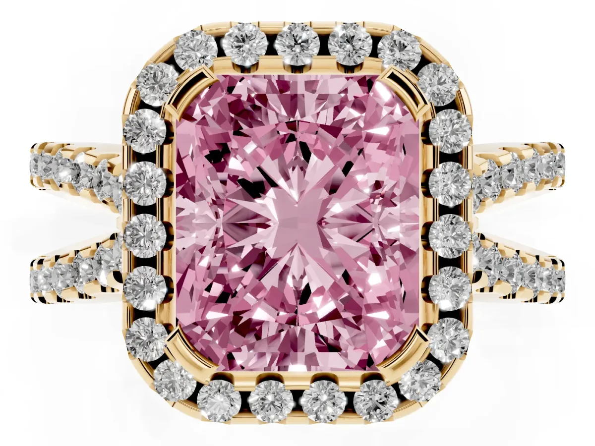 Fancy Pink Radiant Cut Diamond Halo Ring with Split Shank Pavé Band and Prong Setting Yellow gold