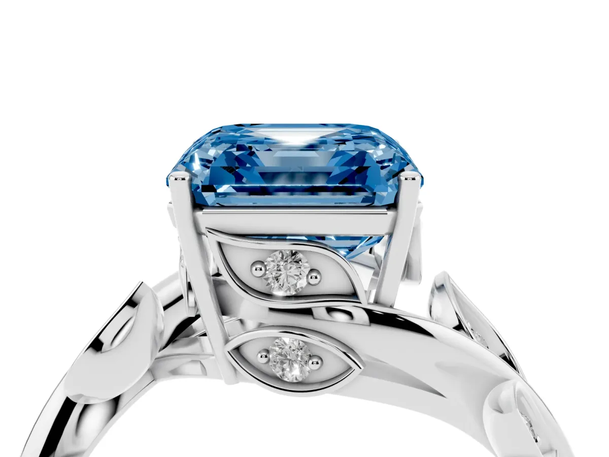 Fancy Blue Asscher Cut Solitaire Twist Engagement Ring with Leaf Accents and Prong Setting Silver