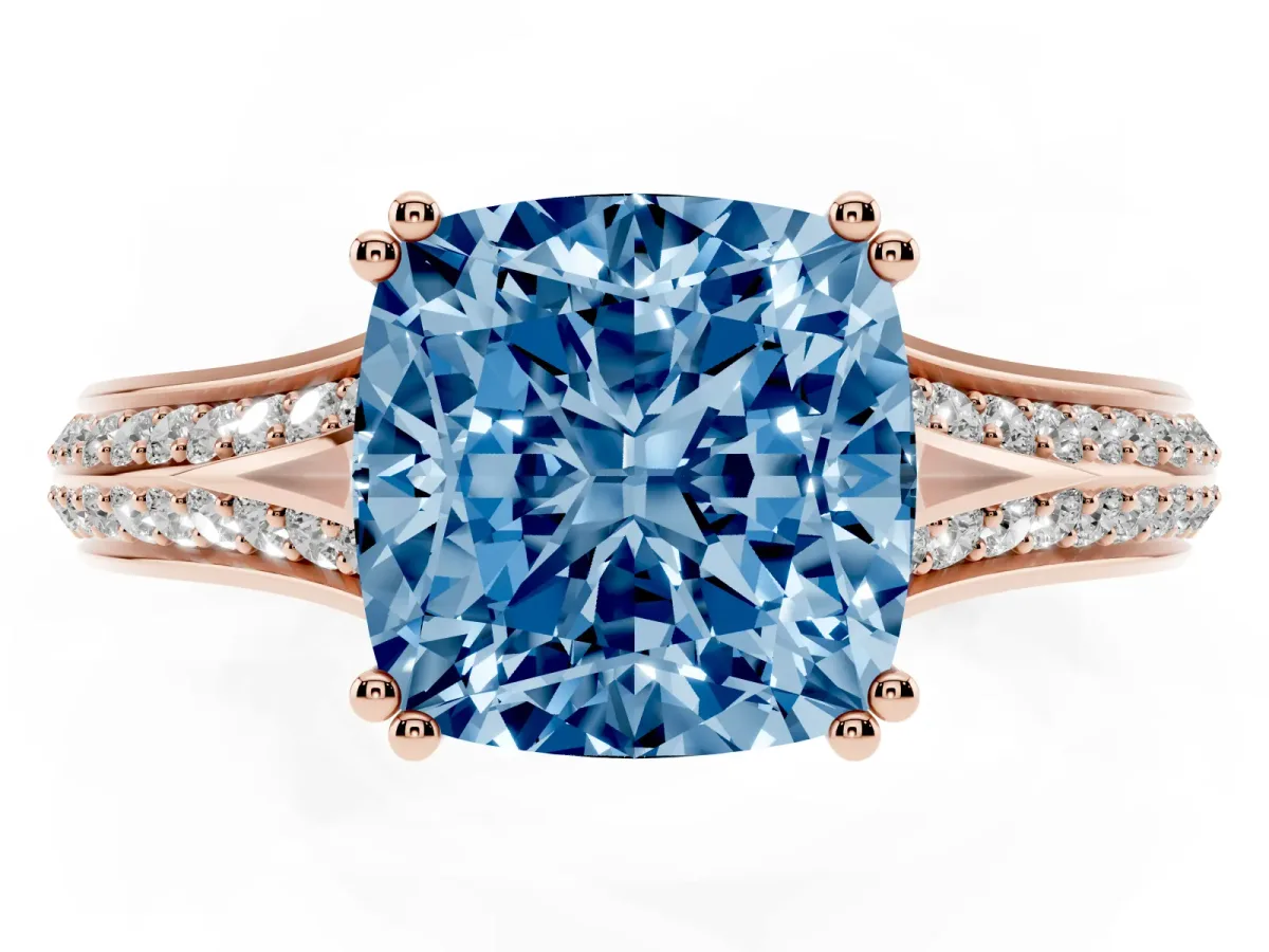 Fancy Blue Cushion Cut Diamond Split Shank Engagement Ring with Pavé Band Rose gold