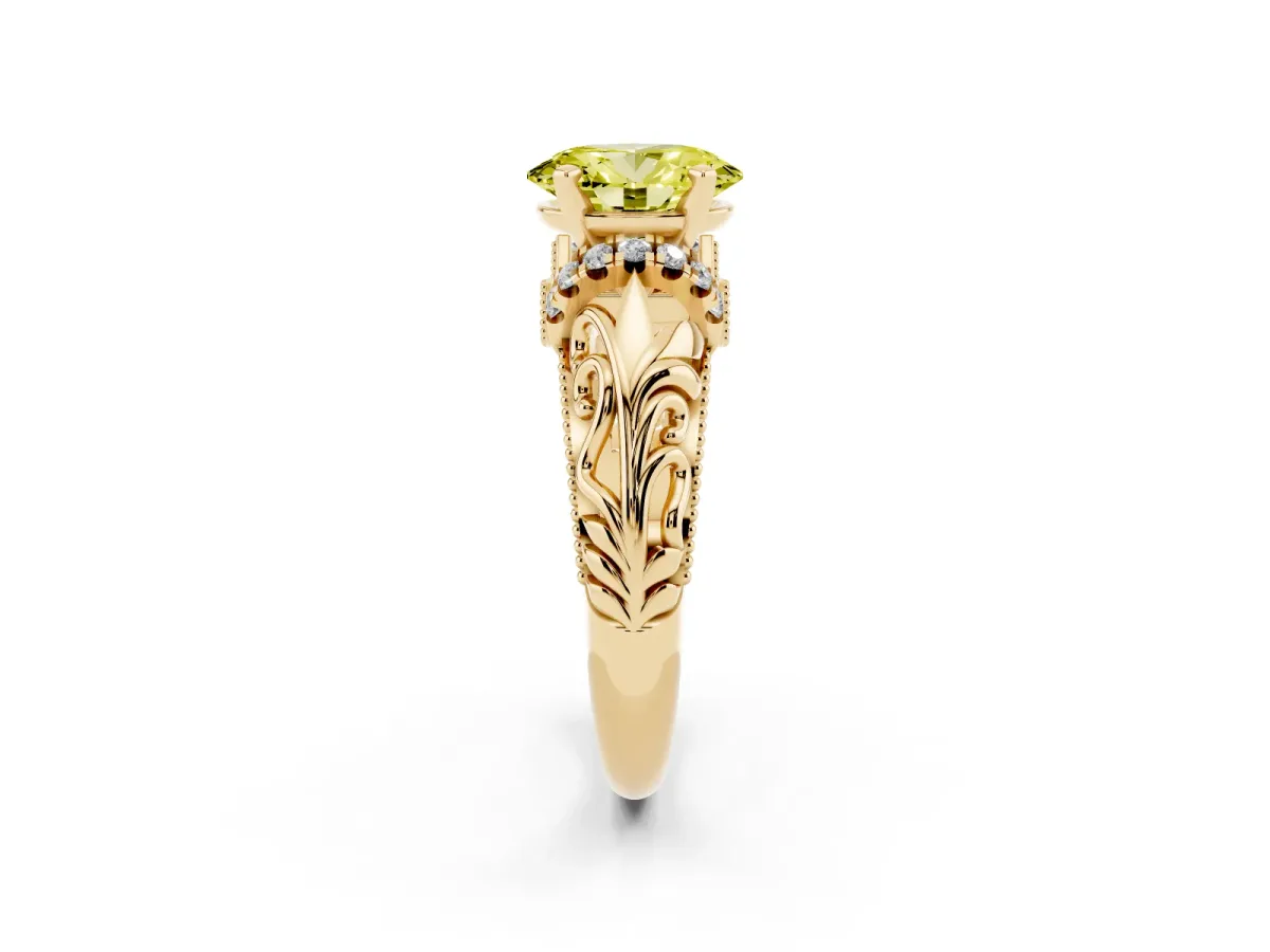 Fancy Yellow Oval Cut Solitaire Filigree Engagement Ring with Halo and Prong Setting Yellow gold