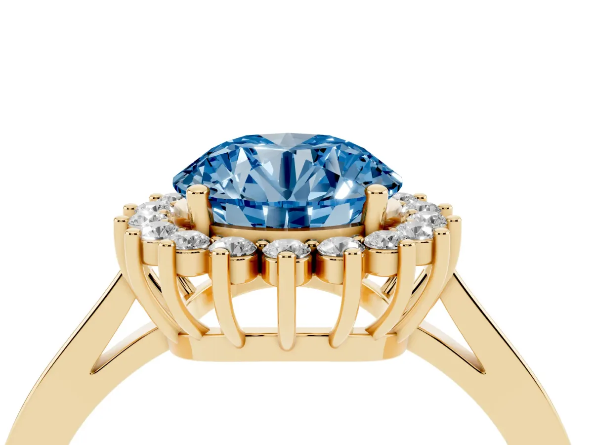 Fancy Blue Round Cut Cut Diamond Halo Ring with Round Brilliant Halo and Solitaire Band Yellow gold