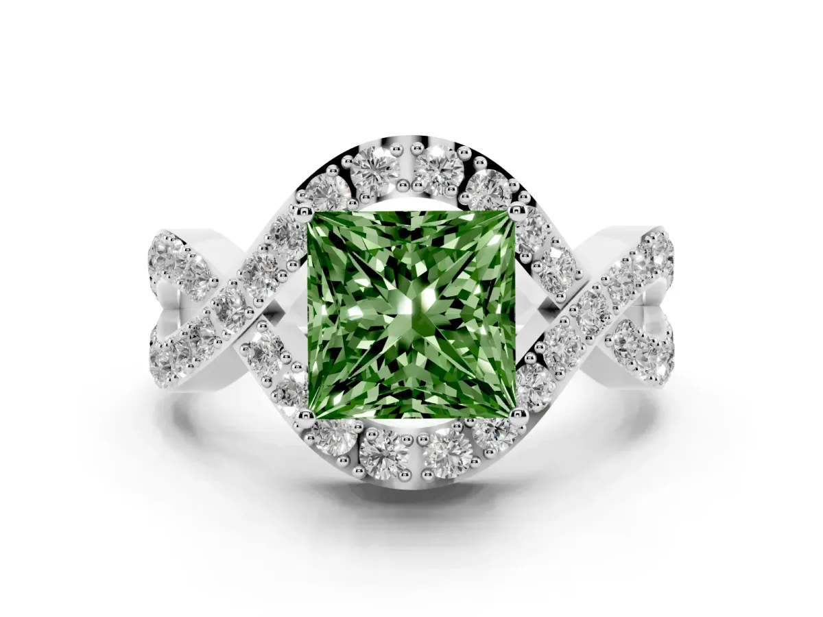 Fancy Green Princess Cut Solitaire Twist Band Pavé Diamond Engagement Ring Silver
