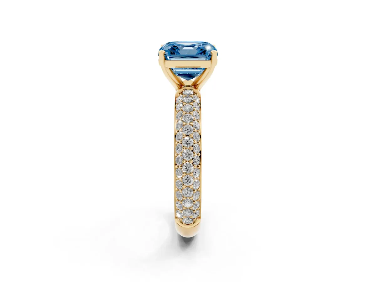 Fancy Blue Asscher Cut Diamond Solitaire Ring with Prong Setting and Pavé Band Yellow gold