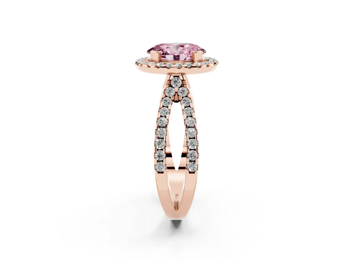 Fancy Pink Oval Cut Diamond Halo Ring with Split Shank Pavé Band and Prong Setting Rose gold