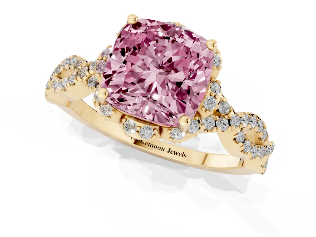 Fancy Pink Cushion Cut Halo Twist Band Solitaire Ring with Six-Prong Setting Yellow gold