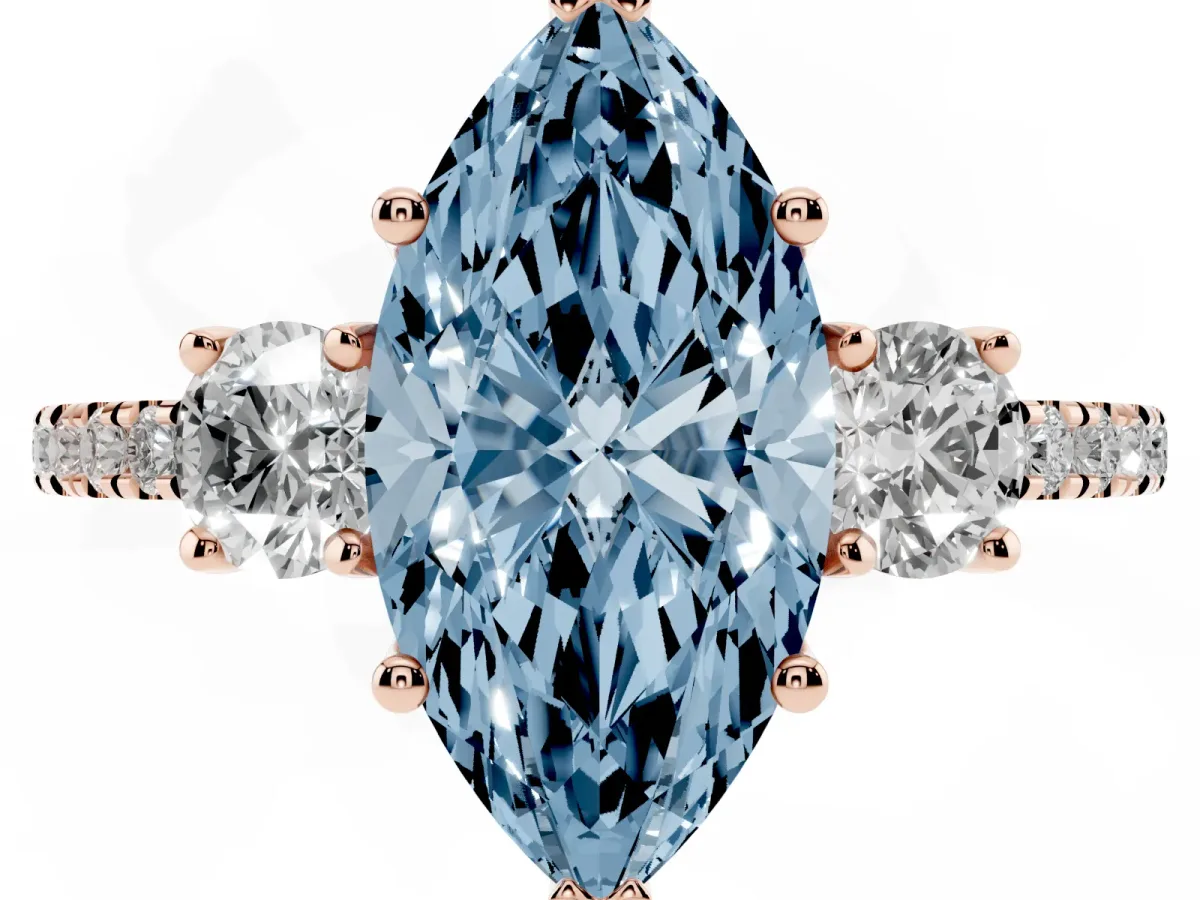 Fancy Blue Three-Stone Marquise Cut Cut Diamond Pavé Band with Prong Setting Rose gold