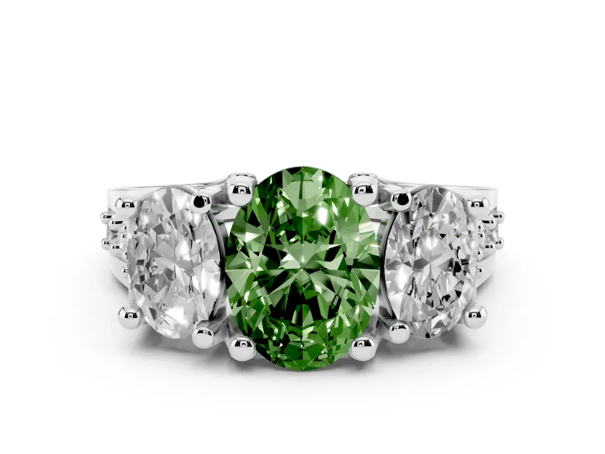 Fancy Green Oval Cut Diamond Three-Stone Ring with Channel Set Band and Four-Prong Setting Silver
