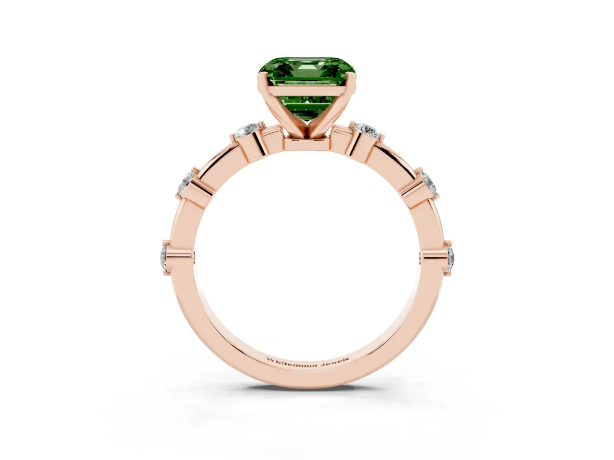 Fancy Green Asscher Cut Solitaire Diamond Ring with Bezel Set Side Stones and Prong Setting Rose gold